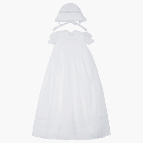 Dress or christening dress in white cotton, wide straight neck, lace  border, christening clothes baby clothing children's clothing wear clothing  cotton, textile sewn lace lace Long white cotton flared christening dress or